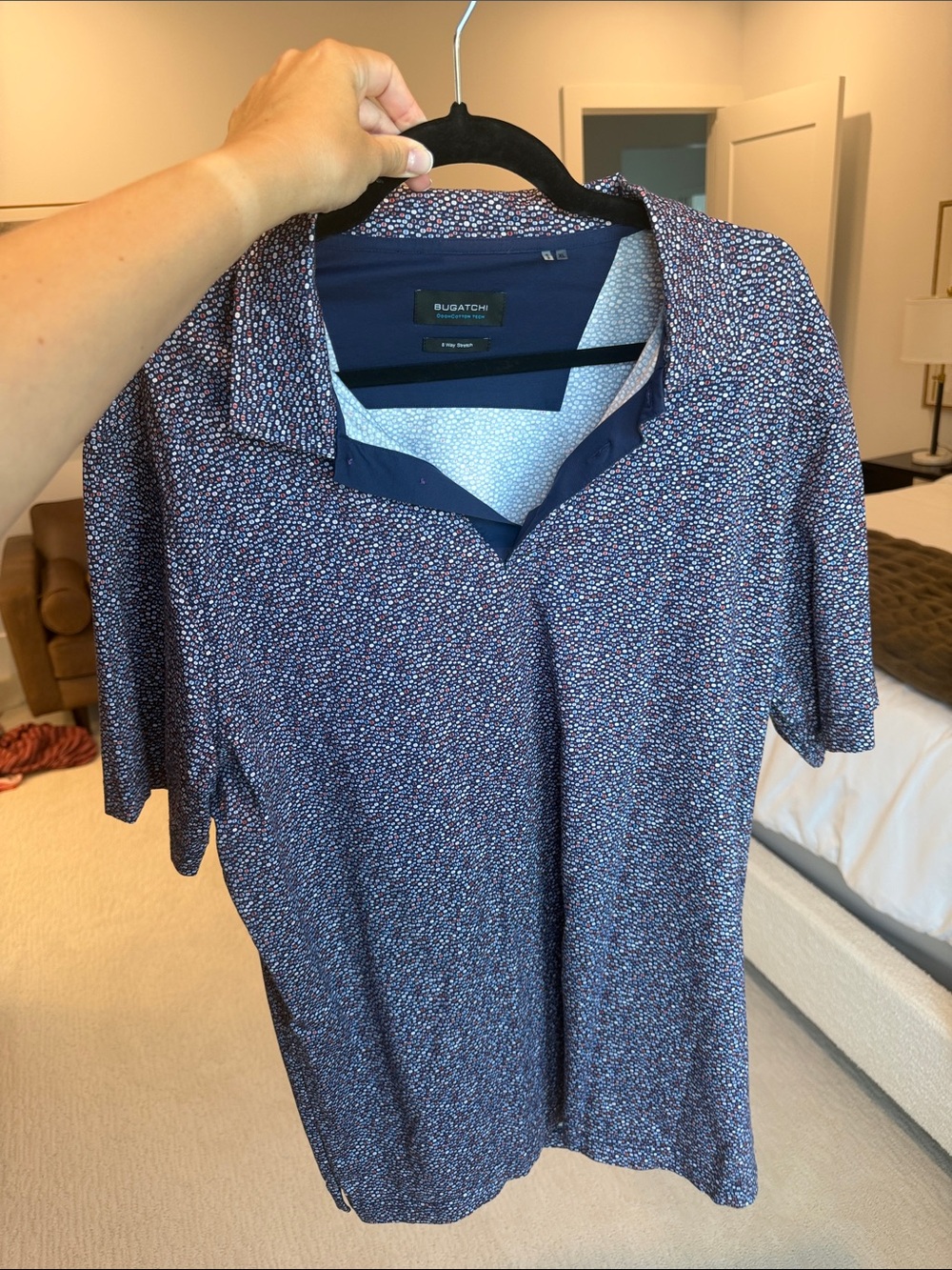 Bugatchi Navy Polo with Red-White Microdot Print